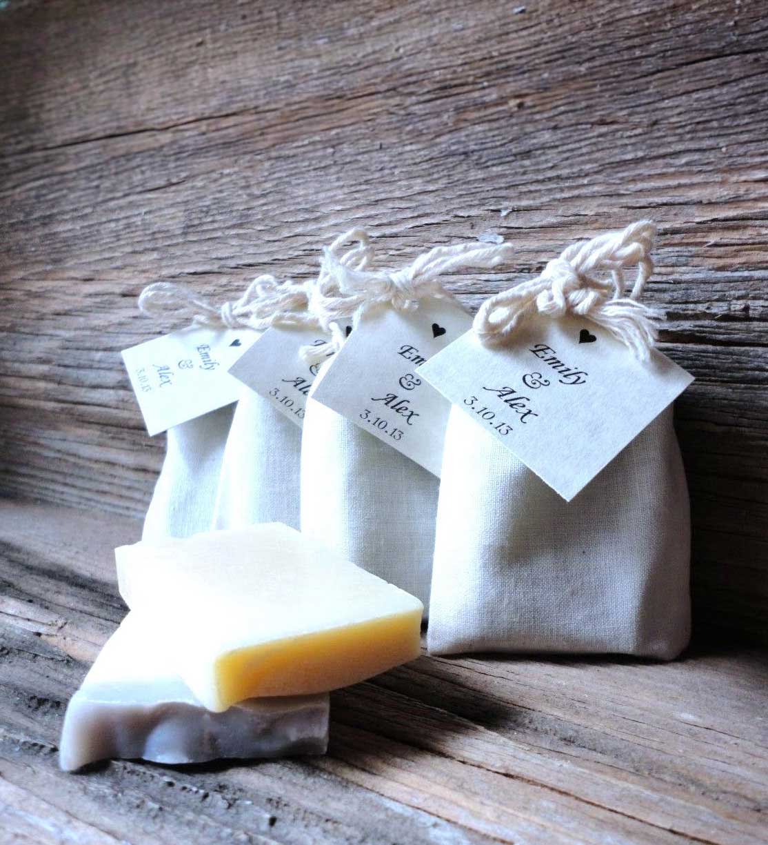 Mini eco-friendly natural soap bags used as favours at a wedding event, made by Celtic Flame Savonnerie